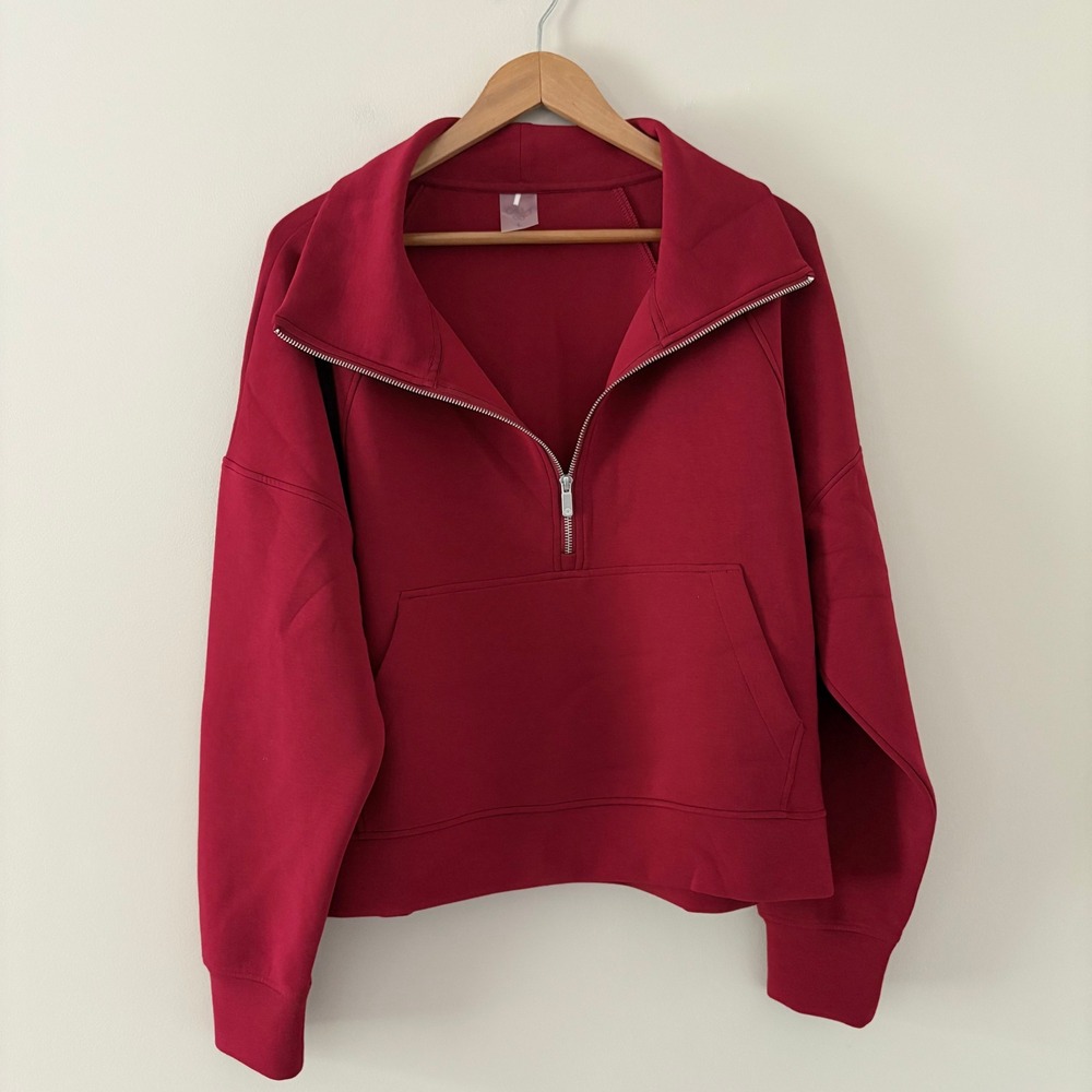 Calia Pullover 1/4 Zip Soft Scuba Sweatshirt L Red Funnel Neck Kangaroo Pocket - Picture 2 of 11